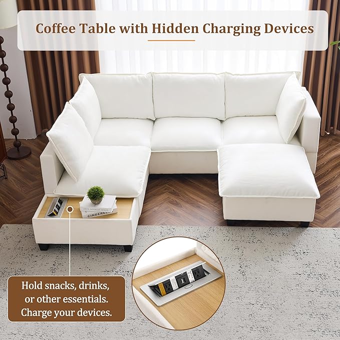 Harper & Bright Designs 90" U-Shaped Sectional Sofa Modular Sofa Couch with a Movable Ottoman, a Coffee Table with Hidden Charging Devices for Living Room, White