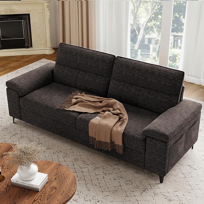 88.97" Modern Sofa Couch for Living Room, Deep Seat Sofa with 8”Cushion, Comfy 2-Seater Chenille Loveseat Sofa with Convertible Armrest, Removable Sofa Cover, High Leg (Dark Gray)