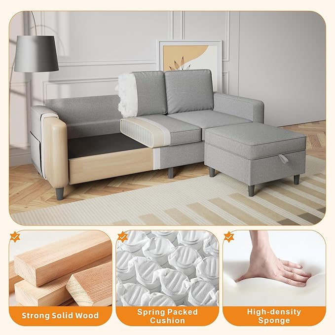 78" Sectional Sofa Couches for Living Room, Convertible L Shaped Couch with Storage Ottoman, Deep Seat Pet-Friendly Linen Fabric Sofa Set for Small Space, Apartment, Dorm