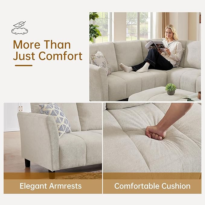 103" Convertible Sectional Sofa with Long Ottoman, Modern Upholstered Fabric L-Shaped Couch with Back Cushions, 6 Seat Sofa Couches for Living Room, Apartment, Office, Beige