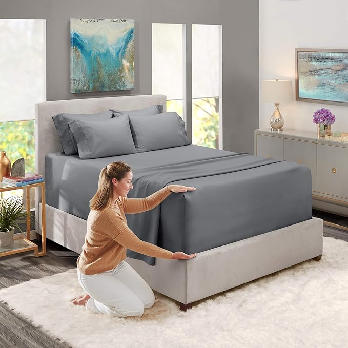 Hearth & Harbor Luxury Soft 6 Piece Bed Sheet Set Extra Deep Pocket Fitted Sheets Fits Mattress up to 21", Double Brushed Bedding Sheets & Pillowcases, Full, Frost Gray