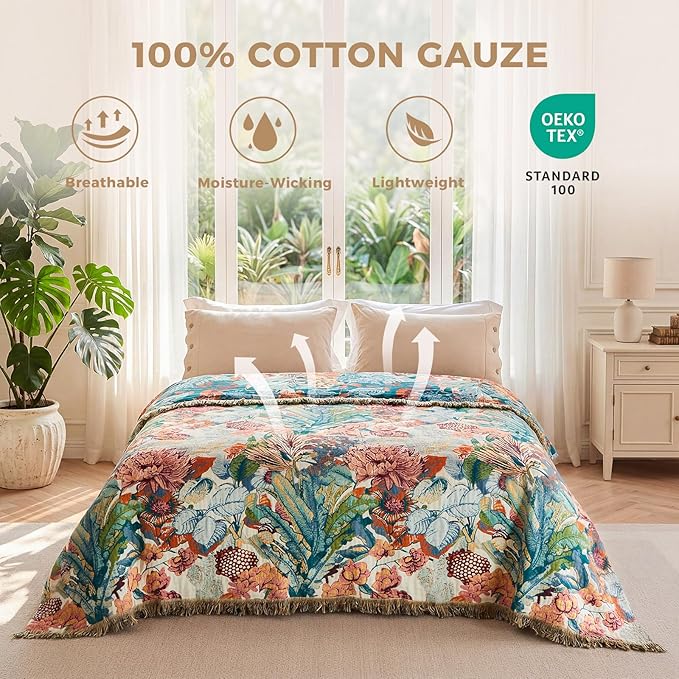LUTBM Boho Throw Blanket for Bed Cotton Spring Blankets Twin Size for Bedroom Living Room All Season Lightweight Botanical Floral Embroidery Quilt for Couch Sofa Chair 60"x80" Home Decor