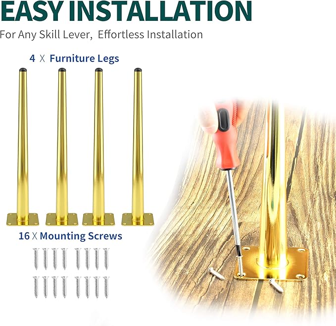4pcs 16 Inch Furniture Legs, Straight Conical Metal Legs Luxury Gold Mid-Century Style Furniture Feet for Sofa Cabinet Table Chair Cupboard Couch Ottoman Home DIY Projects