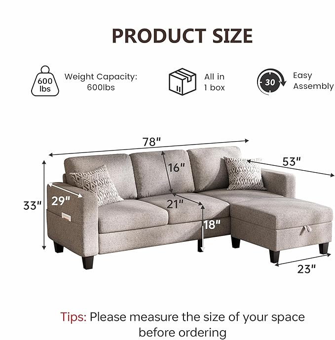 Sectional Sofa and Couches for Living Room, 78'' Brown 3 Seat L-Shaped Couch with Movable Ottoman, Comfy Linen Convertible Sectionals Sofas with Chaise for Apartment, Dorm, Small Space