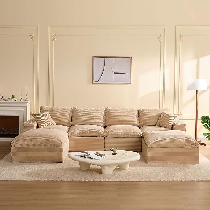137.8” Sectional Couches for Living Room, Set of Cloud Couch, Modular Sectional Sofa, Convertible Sofas Bed, Deep Seat Sofa, U Shaped Cozy Sofa Furniture Set, Corduroy, Camel