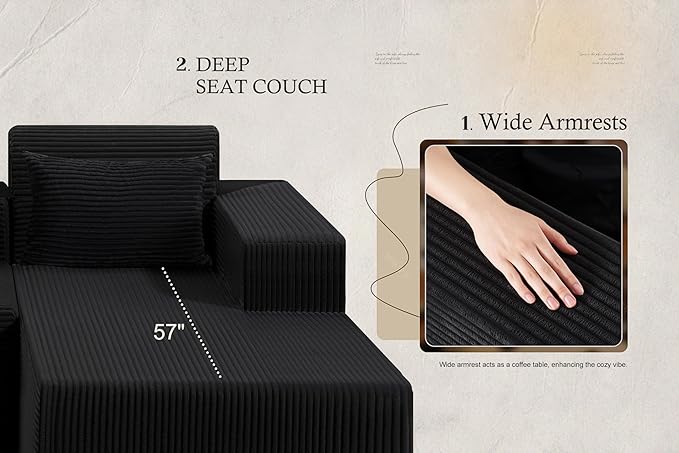 HABUTWAY Sectional Couches for Living Room,No Assembly L Shaped Couch 105" Modular Sectional Sofa Couch with Deep Seat,Cloud Couches Furniture Sets for Apartment,Corduroy (Black, Right Facing)