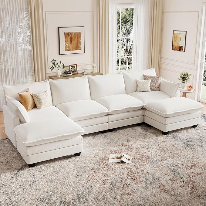 Modular Sectional U Shaped Sofa Couches for Living Room, Cloud Couch with Movable Ottoman, Comfy Chenille Sofa with Pillow for Bedroom and Apartment,Beige