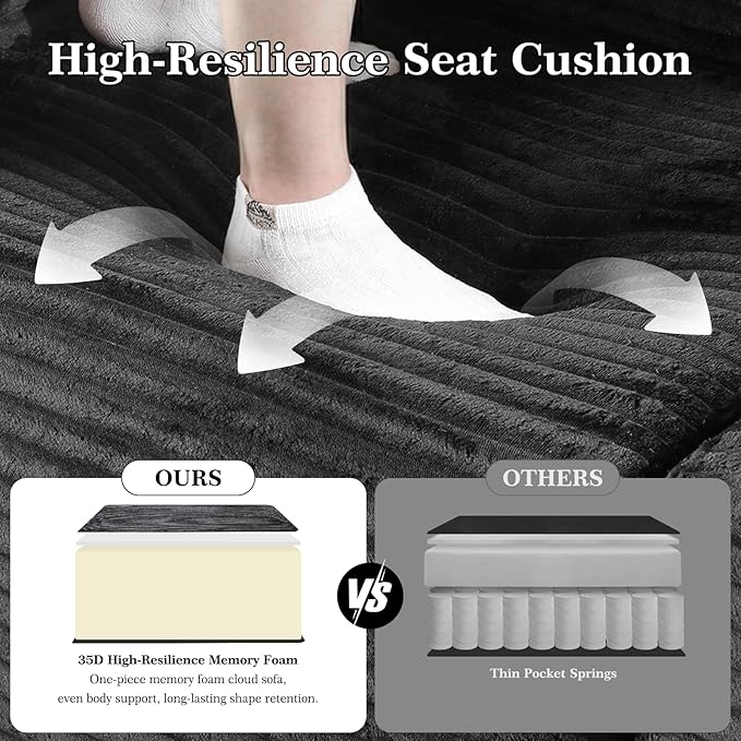 Modular Sectional Sofa with Movable Handrails, Straight-Row Boneless Sofa Sectional Couch for Living Room, Deep Seat Memory Foam Faux Rabbit Fur Fabric Sofa, No Assembly Required(Black)