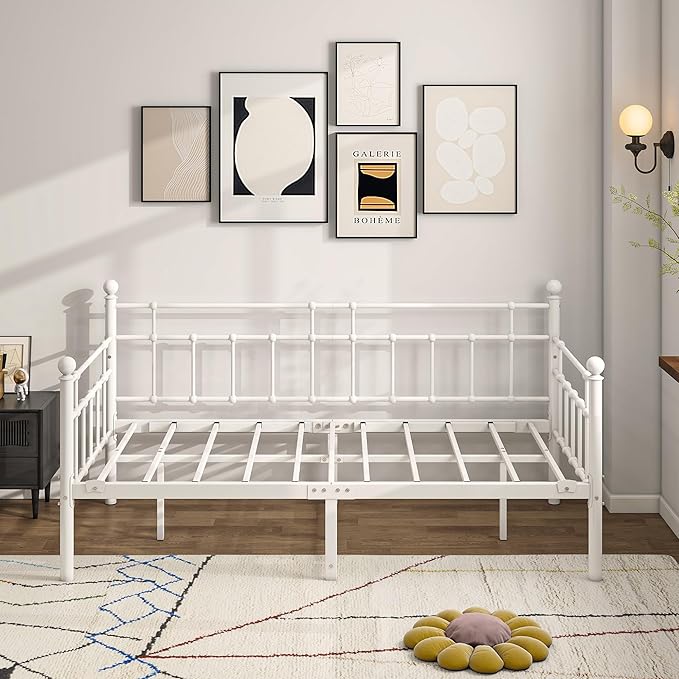BOFENG Metal Daybed Frame Twin Size Platform Sofa Bed Day Bed with Strong Steel Slats Mattress Foundation Bedroom Furniture,Noise Free,White
