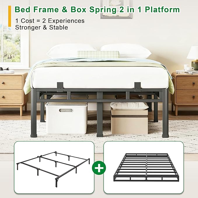ROIL 18 Inch Twin XL Bed Frame, Double Layer Metal Bed Frame with Round Corner Legs, 4000LBS Bed Frame & Box Spring 2 in 1 Platform with Headboard Holes Mattress Baffles, Noise-Free Easy Assembly