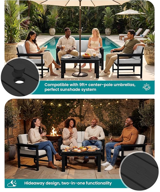 SERWALL Black HDPE Outdoor Loveseat with Khaki Cushions, All Weather Use Outdoor Loveseat Sofa, Black Frame with Khaki Cushions