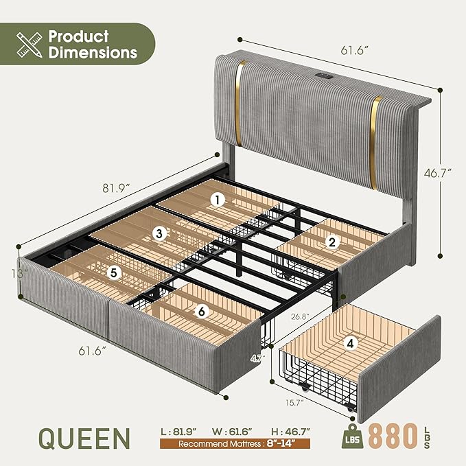 Homkdom Queen Bed Frame with 6 Storage Drawers, Upholstered Bed Frame Queen Size with Corduroy Headboard, LED Light & Charging Station, No Box Spring Needed, All Metal Slats, Grey
