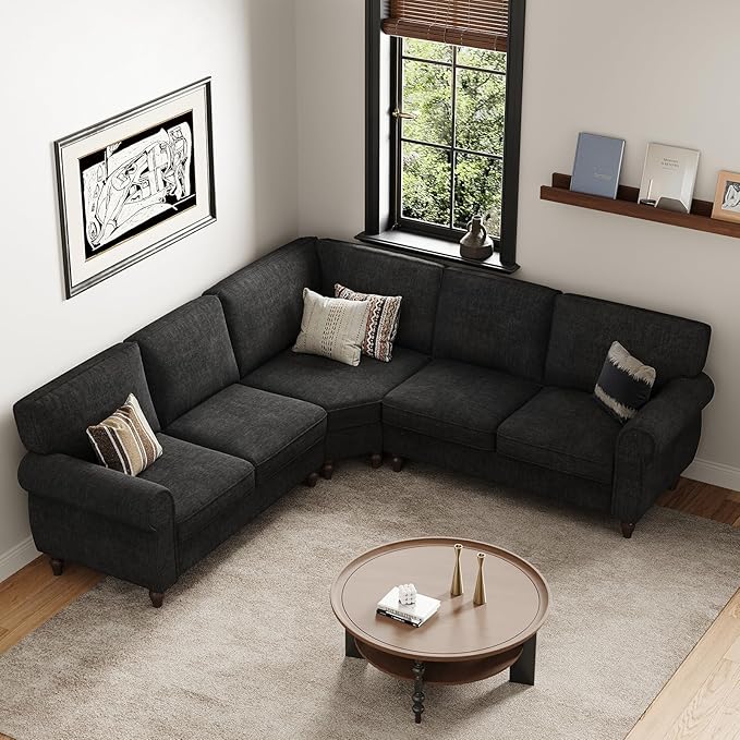 ONBRILL 101" L Shaped Couch, Sectional Corner Sofa with Rolled Arms, 5 Seater Chenille Fabric Couch w/Springs Seat Cushion, Wooden Legs, Comfy Oversized Sofa for Living Room, Apartment, Black