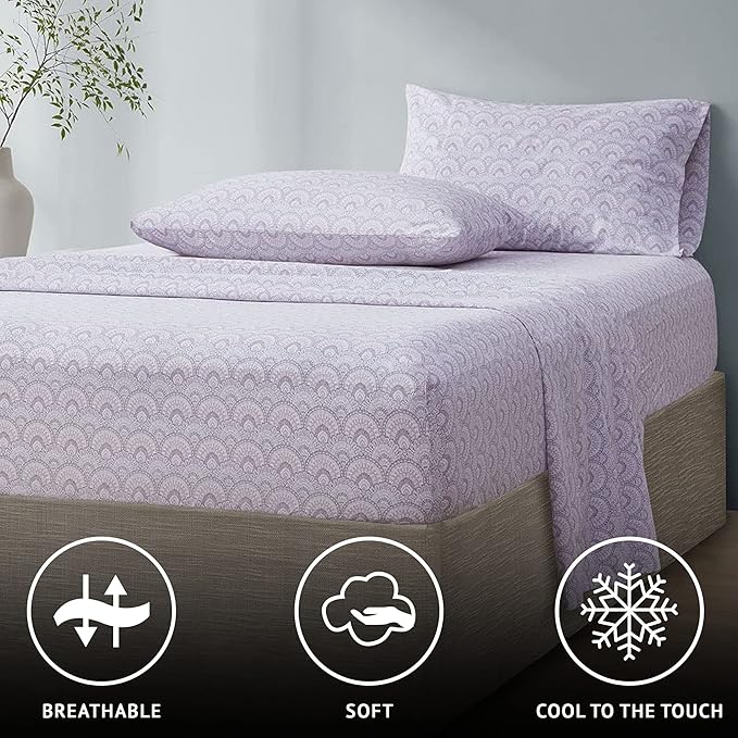 Comfort Spaces 100% Cotton Sheet Set Breathable, Lightweight, Soft with 14" Elastic Pocket Fits up to 16" Mattress, All Season Cozy Bedding, Matching Pillow Case, Queen Tabitha Purple 4 Piece
