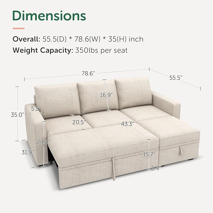 HONBAY Modular Sectional Sleeper Sofa with Pull Out Bed, L Shaped Couch with Storage Seat, Modular Sectional Couches for Living Room - Beige