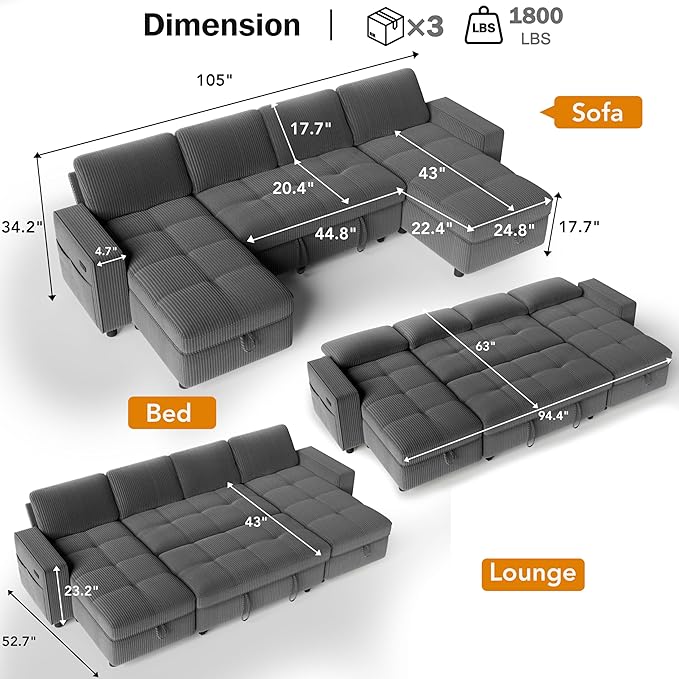 Vipbear Sectional Sleeper Couch with Pull Out Sofa Bed, U Shaped Plush Corduroy Couch with Reclining Backrest & 2 Storages & USB Charging, Convertible Cloud Sectional Sofa Bed for Living Room, Grey | Breathable material, Tool-Free Assembly, Reclining B...