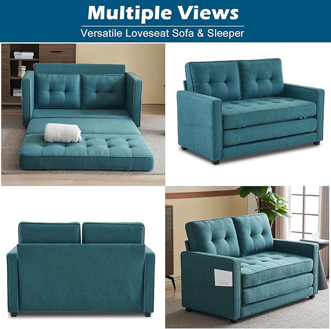 VINGLI Loveseat Sleeper Sofa Bed Teal Blue Futon Couch 53.5" W 80" L Pull Out Couch Bed Floor Couches for Living Room Folding Sofa Convertible Small Loveseat for Small Spaces