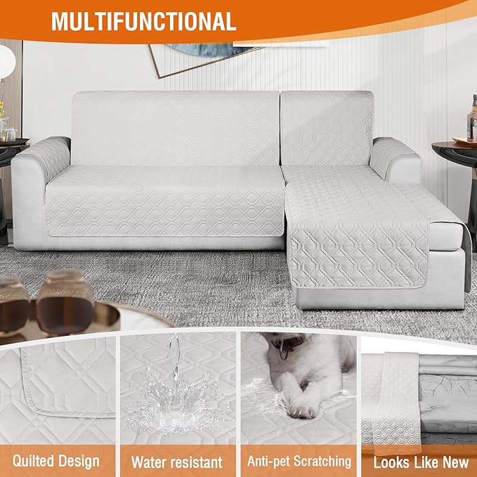 VANSOFY Sectional Couch Covers 100% Waterproof L Shaped Sofa Slipcover 3pcs Reversible Chaise Lounge Cover for Sectional Sofa Furniture Protector Cover for Pets Dog Cat(Large, Off White)