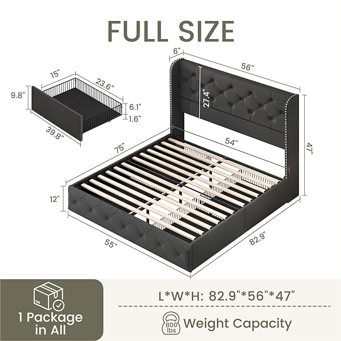 LARMACE Full Size Bed Frame with 4 Storage Drawers and 47.2" Tall Wingback Headboard Linen Upholstered Platform Bed Frame Tufted Beds with Wooden Slats Support, Easy Assembly, Dark Grey