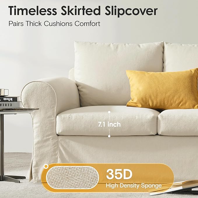 89" 3 Seater Sofa for Living Room, Deep Seated Comfy Couch with Removable Linen Slipcover, Modern Farmhouse Rolled-Arm Sofa, High Back Support, Cream White