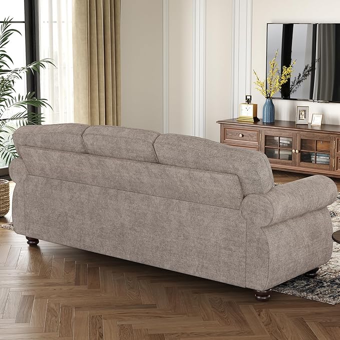 ONBRILL 90 Inch Rolled Arm Sofa for Living Room, Deep Seat Nailhead Trim Couch, Comfy 3 Seater Chenille Couch w/Wooden Leg, Springs Seat Cushion, Large Traditional Sofa for Farmhouse, Beige