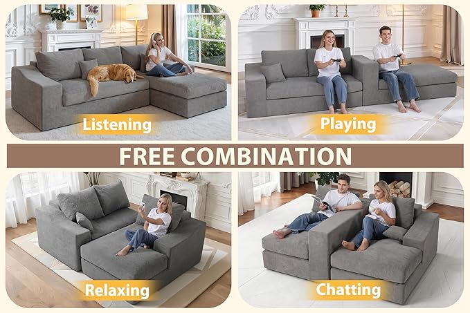 HABUTWAY 101'' Modular Sectional Sofa, Cloud Sectional Couches for Living Room, Comfy Boneless Couch with Deep Seat, Modern L-Shape Sofa with Chaise, No Assembly Required (Grey, Right Facing Chaise)