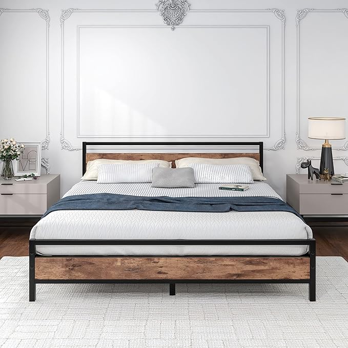 BOFENG Black King Size Bed Frame with Wood Headboard,Industrial Metal Platform Bed Frame King Size with Storage No Box Spring Needed,Strong Steel Slats Support,Easy Assembly,Vintage Brown