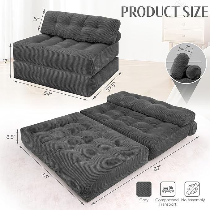 HABUTWAY Folding Sofa Bed, Foldable Floor Sofa Lounge w/Dual-Pillow & Handle, Convertible Sleeper Chair Bed w/Back Support for Living Room, Bedroom, Apartment, Office, Grey, Full