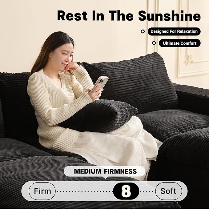 106.3” Sectional Couches for Living Room, Set of Cloud Couch, Modular Sectional Sofa, Convertible Sofas Bed, Deep Seat Sofa, U Shaped Cozy Sofa Furniture Set, Corduroy, Black