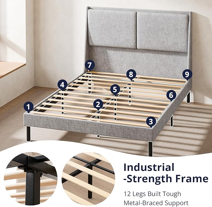 Cozy Castle Queen Size Upholstered Platform Bed Frame with 51.2" Tall Wingback Headboard, Double Backrest Metal Bed Frame, No Box Spring Needed, Easy Assembly, Bedroom Furniture, Grey