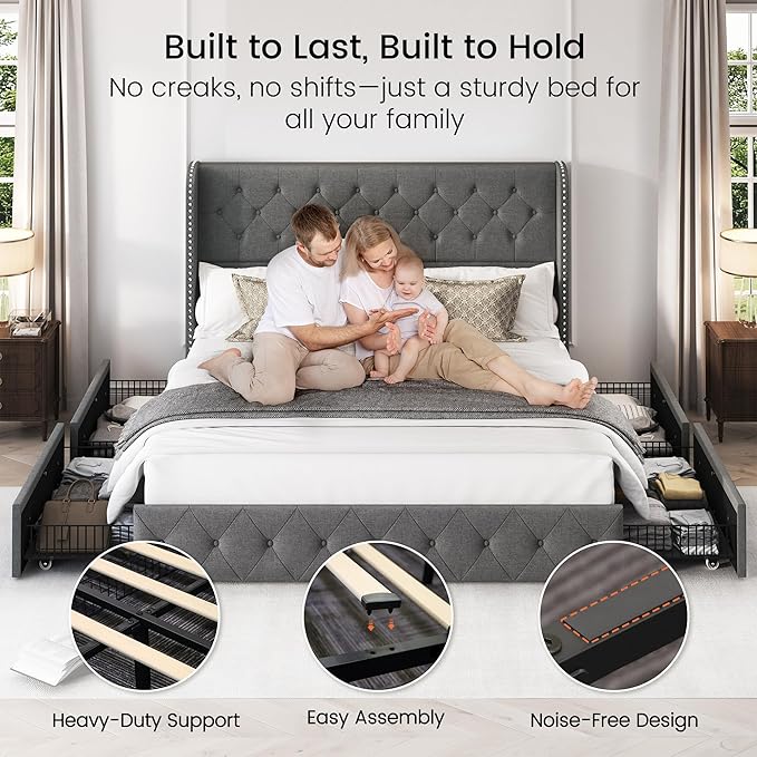 LARMACE Upholstered King Size Bed Frame with 4 Storage Drawers and 47.2" Tall Wingback Headboard Tufted Platform Bed Frame Linen Beds with Wooden Slats Support, Easy Assembly, Light Grey