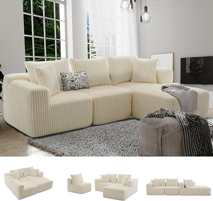 3 Seater L Shaped Sofa with Deep Seat, 101" Cloud Sectional Couch with Chaise, Cozy Modular Couches Sleeper, Oversized Corduroy Sofa for Living Room Bedroom Apartment, Beige
