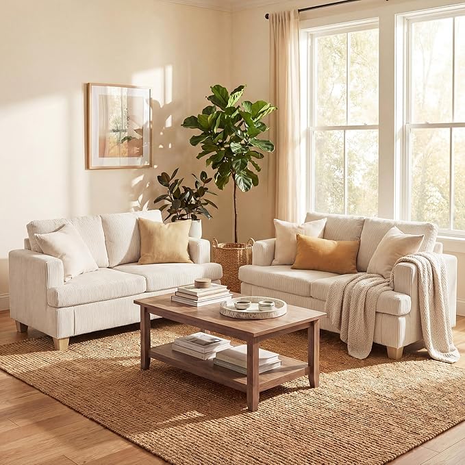 YOUDENOVA 2 Piece Set Comfy Sofa Couch, Loveseat Sofa * 2 with Deep Seats, Modern Sleeper Couch for Living Room, White Corduroy