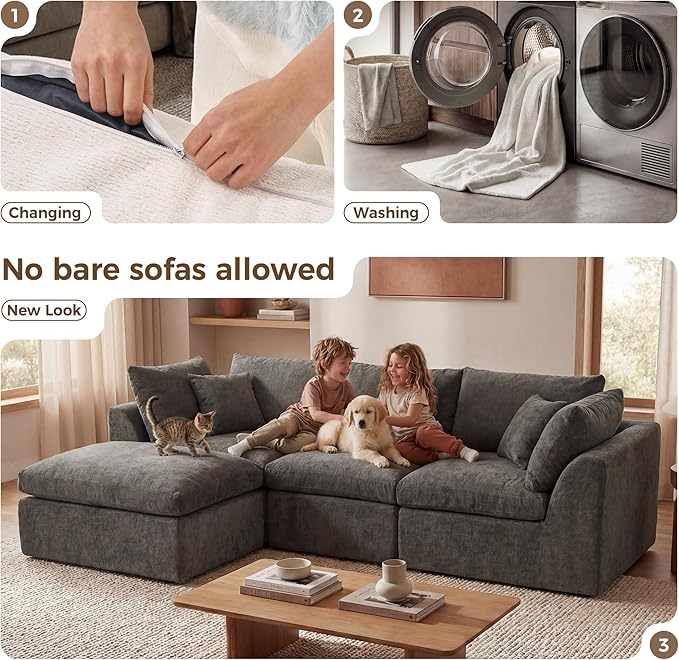 108" Cloud Sectional Couches, with 1 Extra Washable Cover, L Shaped 25.6" Deep Seat Couch with Ottoman, Oversized Comfy Living Room Sofa, DIY Color Refresh (White Sofa + Gray Cover Set)