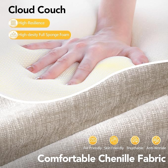 86.6" Cloud Boneless Sectional Sofa for Living Room, 3-Seater Modular Couch for Small Apartments with 2 Ottomans, Deep Seat Chenille Fabric Sofa, No Assembly, 72H Full Restore, Beige