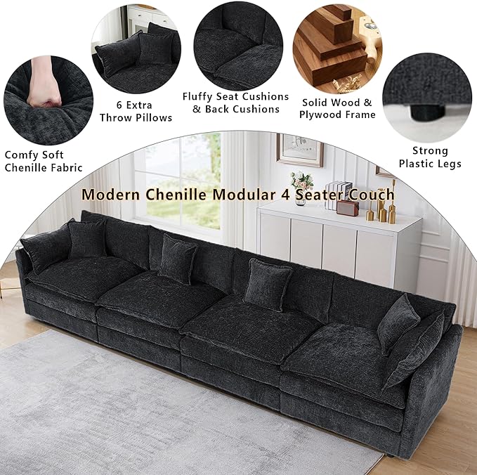 Setawix Chenille Cloud Couches for Living Room,4 Seater Cloud Sofa Couch with Deep Seat,147.22" Roomy Cloud Sofas,Modular Sectional 4 Seat Sofa with Pillows for Bedroom (Black, 4 Seater)
