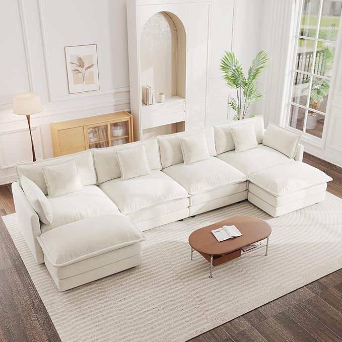 mikibama Modular Sectional Sofa, 146.5 Inch U Shaped Couch Set for Living Room, 4-Seater Comfy Cloud Couches with Two Movable Ottoman, DIY Combination, Chenille, Beige