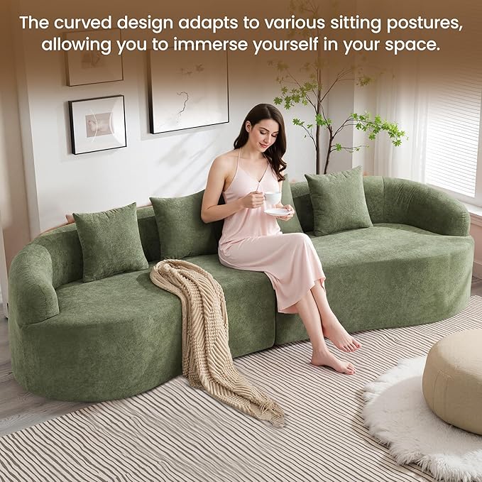 110" Boneless 4 Seater Sofa Couch, Modern Oversized Curved Cloud Sofa, Chenille 4-Seater Deep Seat Sectional Couches for Living Room, No Assembly, Green