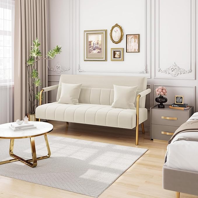 Yaheetech 56.5" W Modern Sofa Small Sofa Luxurious Velvet Fabric Couch with Gold-Tone Metal Arms and Legs for Living Room, Home Office, Studio Beige
