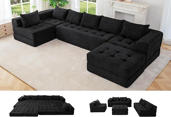 MAXYOYO Modular Sectional Sofa Couch, Foldable U Shaped Cloud Couch with Pillows, Tufted 7-Seat Boneless Sleeper Lounger Floor Sofa Bed for Living Room, No Assembly Required, Black