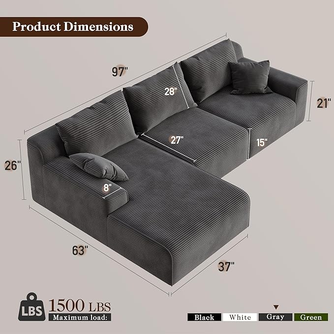 97" L-Shaped Boneless Modular Cloud Couch, Comfy Corduroy Sectional Sofa with Deep Seat and Left Facing Chaise, Flexible Module Combination for Living Room, No Assembly Required (Grey)