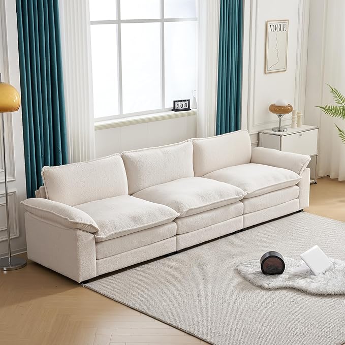 Karl home Sectional Sofa Modular Deep Seat Sofa Couch with Ottoman, Teddy Fleece Sofa Sleeper Comfy Upholstered Furniture for Living Room, Apartment, Studio, Office, (3-Seat & 1-Ottoman, Teddy Beige)