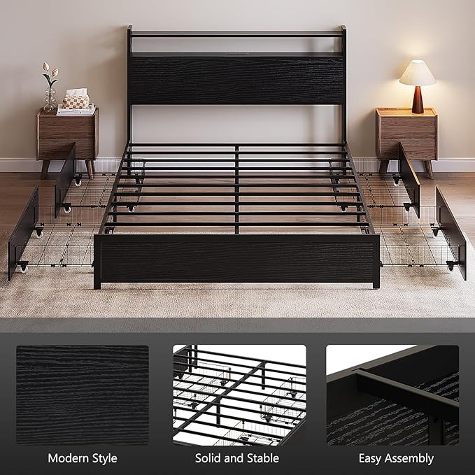 VINGLI Metal Bed Frame King with 4 Drawers and Storage Headboard, Platform with Charging Station and LED Lights, No Box Spring Needed, Noise Free, Easy Assembly, Black