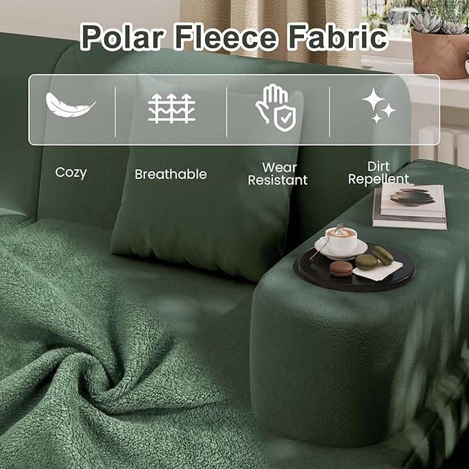 MELLCOM Modern Curved Boneless Sofa Couch, L-Shaped Corner Sofa, No Assembly Needed, Chenille Upholstered Cloud Sectional Couch for Living Room, Bedroom and Apartment (Green, Right Hand Facing)