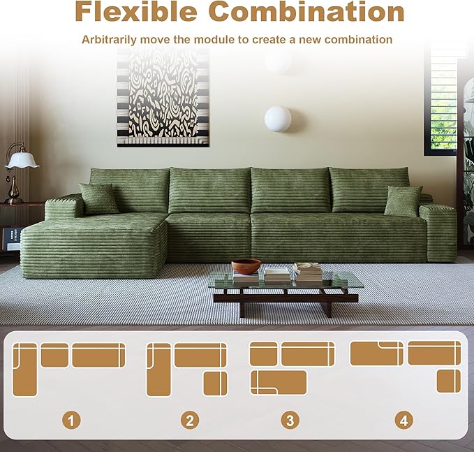 136" Sectional Couches for Living Room Cloud Couch Sofa with L-Shape Upholstered Boneless Couchs Modern Modular Sectional Couch with Chaise (Green, 136" Left Facing Chaise+3Seaters)