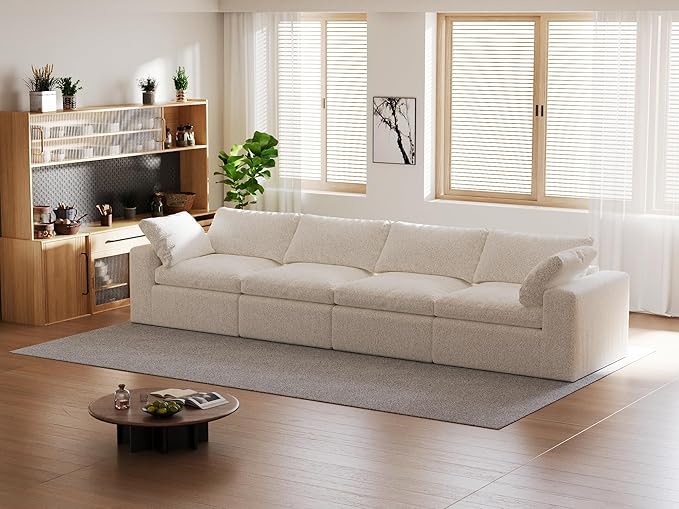 140’’ Oversized Boneless Couch for Living Room, Cloud Couch Modular Sectional Free Combination with Washable Cushion Cover, No Assembly Required, White (4-Seat)