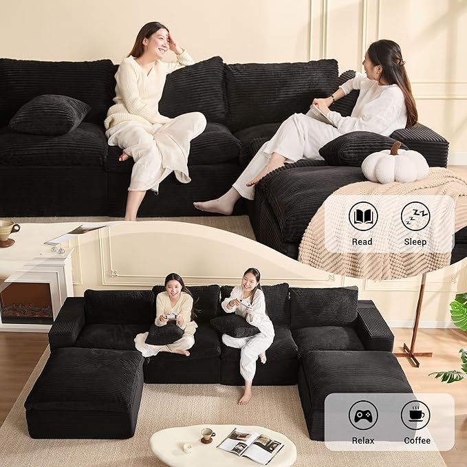 137.8” Sectional Couches for Living Room, Set of Cloud Couch, Modular Sectional Sofa, Convertible Sofas Bed, Deep Seat Sofa, U Shaped Cozy Sofa Furniture Set, Corduroy, Black