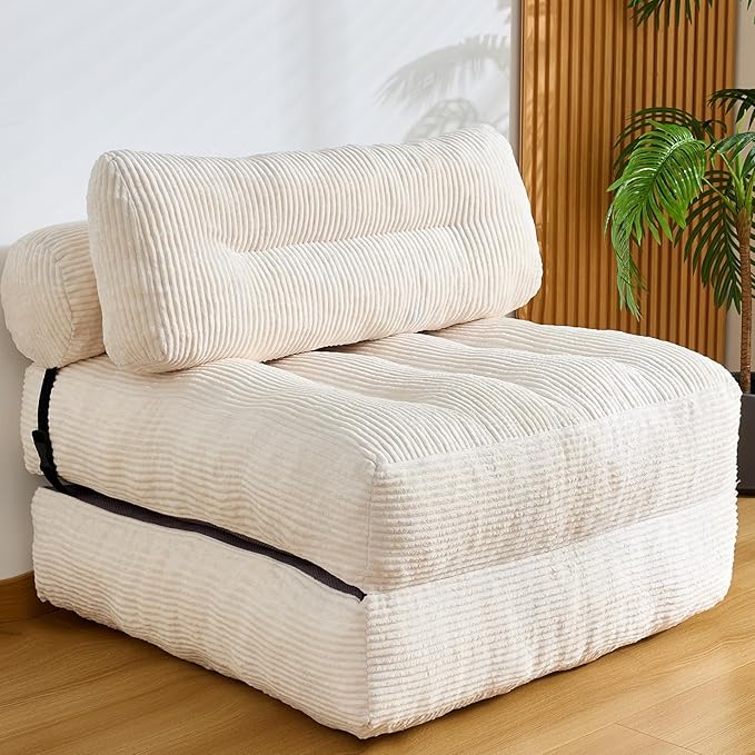Folding Sofa Bed, Convertible Sleeper Chair Couch Bed Faux Rabbit Fur for Adults, with Back Support Floor Couch Comfy Floor Sofa for Living Room Bedroom, Ivory, Single