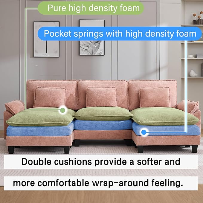 120" Modular Sectional Sofa, Comfy Cloud Couch Sectional Sofa with Ottoman, Chenille Sofa Sleeper Deep Seat Sofa with Throw Pillows for Living Room (Pink, 120"- U Shape)