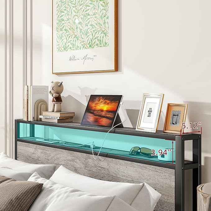 BOFENG Full Size Bed Frame with Storage Headboard/Charging Station,Heavy Duty Metal Platform Bed Frame Full,Reinforced Steel Slats Support,No Box Spring Needed,Noise Free,Grey